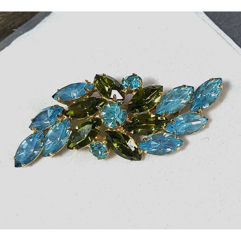 Vintage Blue Rhinestone Brooch Prong Set 3"